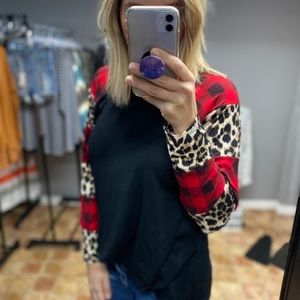 BOUTIQUE L/S Buffalo Plaid Color Block Cheetah Contrast Top NEW!